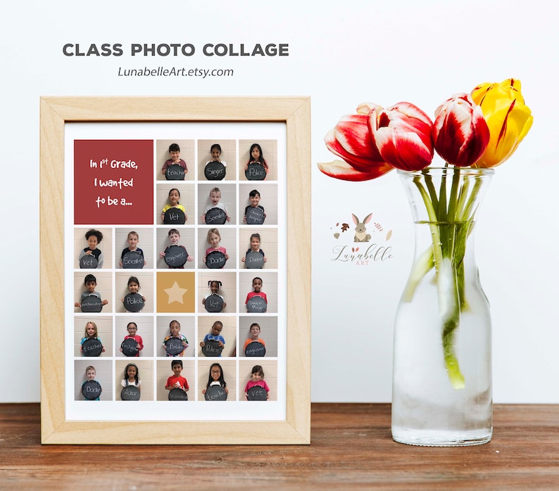May include: A framed collage of first grade class photos. Each student is holding a chalkboard with their name and a drawing of what they want to be when they grow up. The text at the top of the collage reads "Class Photo Collage" and "LunabelleArt.etsy.com". The text at the bottom of the collage reads "In 1st Grade, I wanted to be a..."
