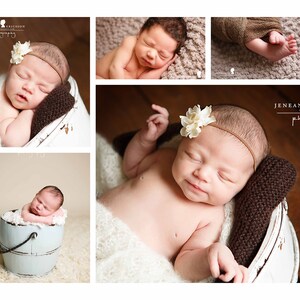 Puede incluir: Una reci&eacute;n nacida duerme en un cubo blanco con una manta de punto marr&oacute;n. La beb&eacute; lleva una diadema marr&oacute;n con una flor blanca.