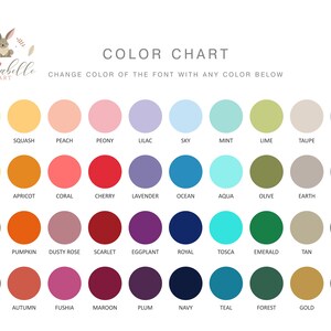 May include: Color chart with 40 different color swatches. Each swatch is labeled with a color name, such as butter, squash, peach, peony, lilac, sky, mint, lime, taupe, silver, lemon, apricot, coral, cherry, lavender, ocean, aqua, olive, earth, steel, peanut, pumpkin, dusty rose, scarlet, eggplant, royal, tosca, emerald, tan, pewter, chocolate, autumn, fuchsia, maroon, plum, navy, teal, forest, gold, and black.
