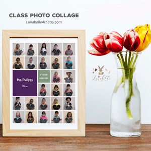 May include: A framed collage of 25 photos of children holding heart-shaped chalkboards with their names written on them. The collage is titled "Class Photo Collage" and includes the text "Ms. Phillips is..." and "1st Grade 2018-2019".