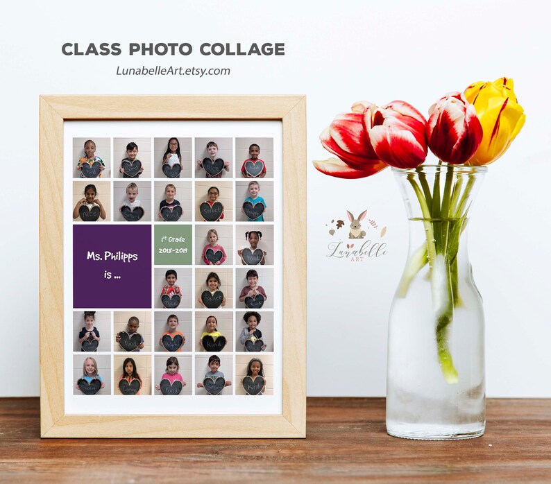 May include: A framed collage of 25 photos of children holding heart-shaped chalkboards with their names written on them. The collage is titled "Class Photo Collage" and includes the text "Ms. Phillips is..." and "1st Grade 2018-2019".
