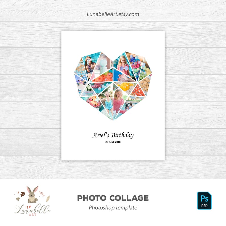 Pu&ograve; includere: Un modello di collage fotografico digitale a forma di cuore con un design geometrico. Il modello &egrave; progettato per una festa di compleanno e include il testo "Ariel's Birthday 26 June 2018".