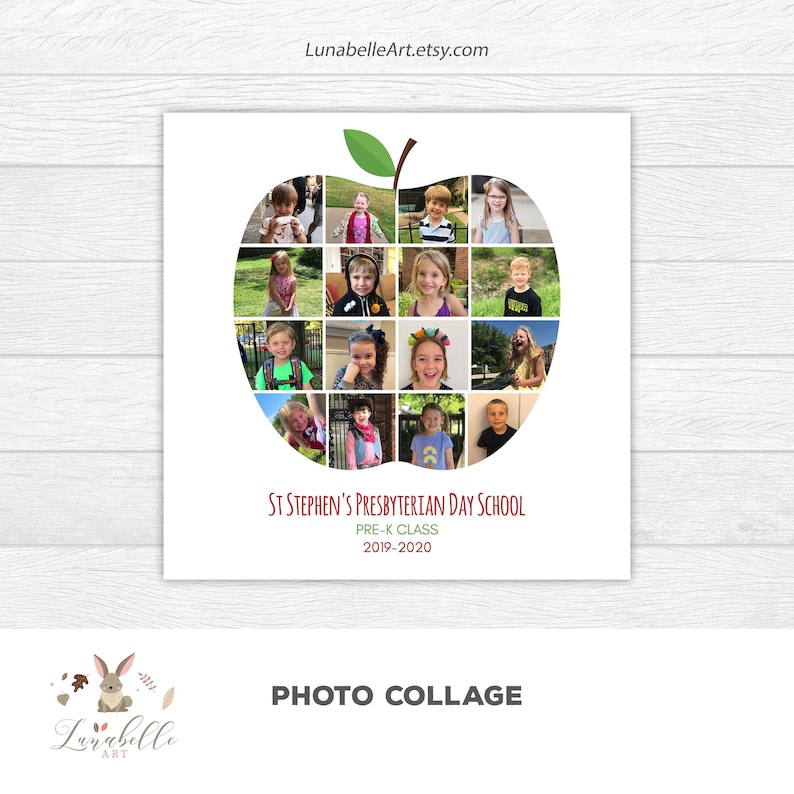 May include: A red apple photo collage with a green stem and leaf. The apple is made up of individual photos of children. The text "St. Stephen's Presbyterian Day School" is below the apple, with "Pre-K Class" and "2019-2020" below that. The text "Photo Collage" is at the bottom of the image.