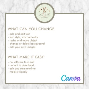 May include: A graphic with a light green background and white text. The text reads "WHAT CAN YOU CHANGE" and lists several options for customizing a design. The text also reads "WHAT MAKE IT EASY" and lists several benefits of using the design tool. The graphic also includes a logo with a bunny and the text "Lenabelle ART psd templates". The graphic also includes the text "Canva" in a gradient of blue and purple.