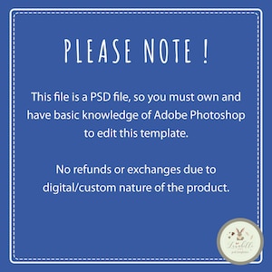May include: Blue background with white text that reads "PLEASE NOTE! This file is a PSD file, so you must own and have basic knowledge of Adobe Photoshop to edit this template. No refunds or exchanges due to digital/custom nature of the product." A white circle with a brown outline contains a brown rabbit with a white tail and a brown leaf in its mouth. The text "Lovabelle pod templates" is below the rabbit.