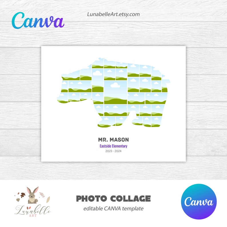 May include: A printable photo collage template featuring a bear silhouette made up of 36 photo squares. The template is designed for a teacher to create a class photo collage. The text "MR. MASON Eastside Elementary 2023-2024" is included in the template.