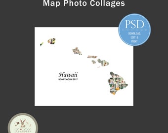Hawaii Collage | Hawaii Map Photo Collage | Travel Photo Collage | Destination Photo Collage Template | Holiday Destination Photo Template