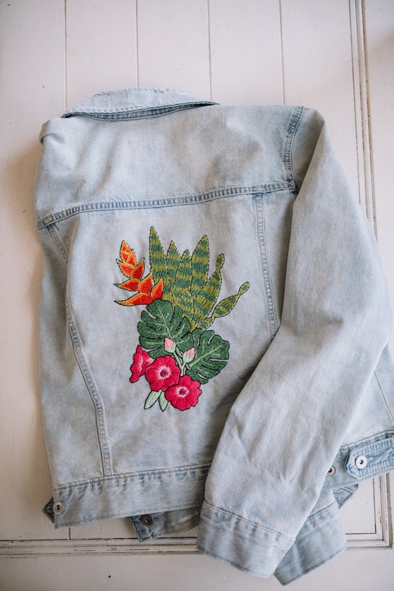 embroidered jean jacket etsy