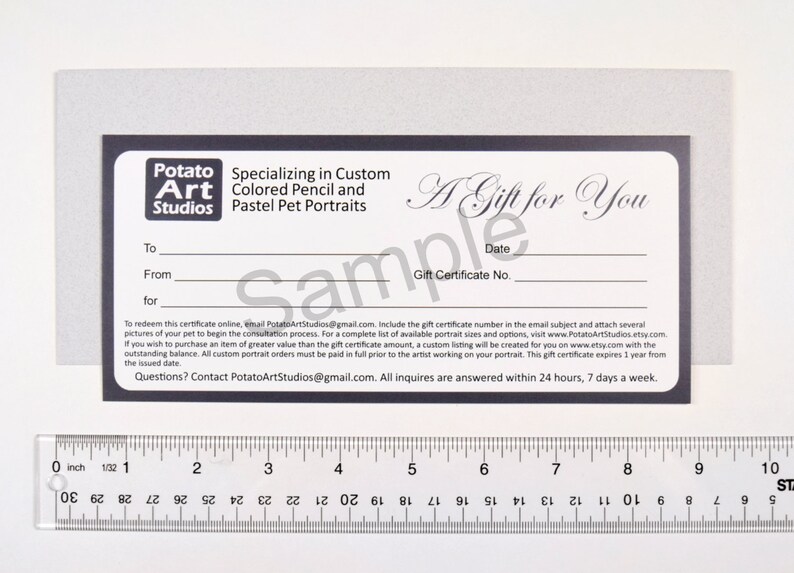 May include: A black and white gift certificate for custom pet portraits from Potato Art Studios. The certificate is for a custom colored pencil or pastel pet portrait. The certificate includes the text "A Gift for You", "To", "From", "For", "Date", and "Gift Certificate No.".
