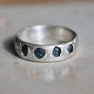 Raw Montana Sapphire Silver Wide Band|Sandcast|CastinPlace|Organic|Textured|Ethical Alternative Wedding Band|Sterling Silver|Natural Wedding