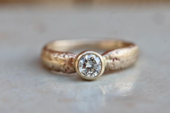 Ethical Diamond Solitaire Engagement Ring | 14kt Gold Textured Band | Sandcast—One-of-a-kind