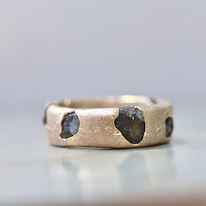 Raw Montana Sapphire Wide Band| Sandcast |14kt Gold|OrganicRing|Textured Band|Ethical Alternative Wedding Ring|Natural Wedding|Rustic Band