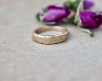Sandcast 14kt Gold Wedding Band: Rustic Textured Ring