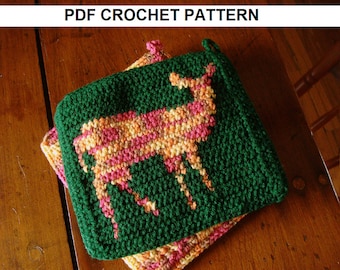 DEER Potholder pdf Crochet Pattern, DOE Potholder Pot Holder, Graph and Written Instructions, Single Crochet, Afghans, Scarf, C2C Digital