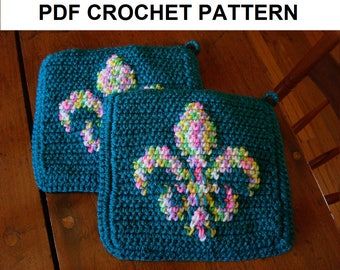 FLEUR DE LIS Potholder pdf Crochet Pattern, Flower De Luce Pot Holder, Graph and Written Instructions, Single Crochet, Afghans, Scarf, C2C