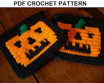 JACK-O-LANTERN Pumpkin Potholder PDF Crochet Pattern - Halloween - Graph & Written Instructions - Color Change Double Crochet Pot Holder