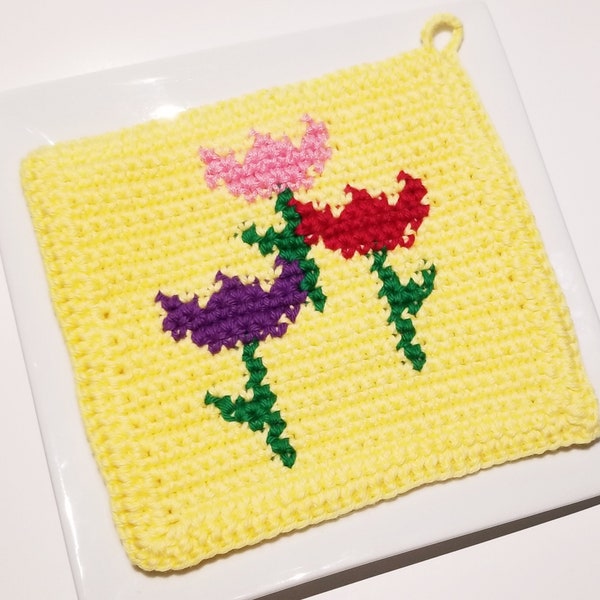 TULIPS Manique PDF Crochet Pattern, Flower Mothers Day Potholder Pot Holder, Graphique et Instructions écrites, Crochet unique, Écharpe, SC