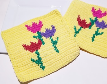 Tulpen Waschlappen Häkelmuster, Einzelhäkelanleitung, schriftliche Anleitung, PDF Download Blumen Tulpe waschen Geschirrtuch