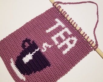 TEA Crochet Pattern, Wall Hanging, Wall Decor Art Deco Single Crochet Graph Intarsia Tapestry Download Pattern Teacup, Tea Intarsia Crochet