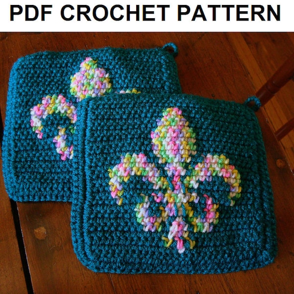 FLEUR DE LIS Potholder pdf Crochet Pattern, Flower De Luce Pot Holder, Graph and Written Instructions, Single Crochet, Afghans, Scarf, C2C