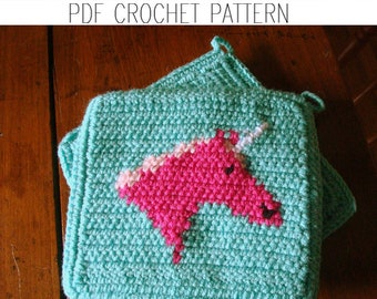 Pink Unicorn Potholder Crochet Pattern - Single Crochet SC Graph, Written Instructions, Word Chart PDF Download Crochet Pattern Unicorns