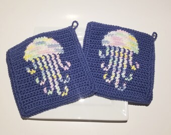 Quallen Topflappen PDF Häkelanleitung, Seepferdchen Topflappen, Diagramm, schriftliche Anleitung, Word Chart, einfach häkeln SC Afghanen Schal C2C