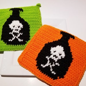 Halloween-haakpatroon - pannenlap giffles pdf-grafiek en geschreven instructies - kleurverandering enkele gehaakte pannenlap Hot Pad