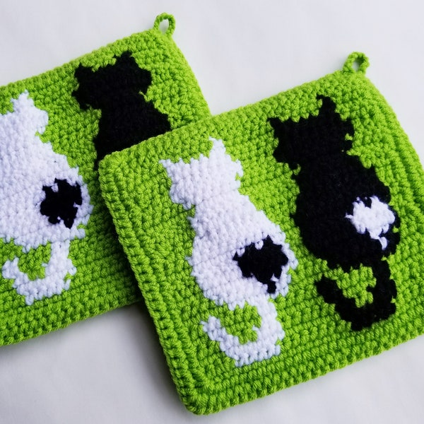 Patrón de ganchillo de gato, Gatos enamorados Agarraderas Gráfico SC de crochet único Instrucciones escritas Tabla de palabras Descarga en PDF Patrón de almohadilla caliente para agarraderas