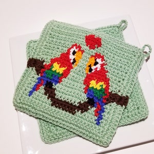May include: Two handmade crochet potholders in a light green color. Each potholder features a colorful parrot design perched on a brown branch. The parrots have red, yellow, blue, and green details. The potholders are square with a loop for hanging.