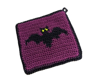 Fledermaus Häkelanleitung - Halloween Topflappen PDF - Graph & schriftliche Anleitung - Farbwechsel Single häkeln Topflappen Hot Pad Gothic Purple