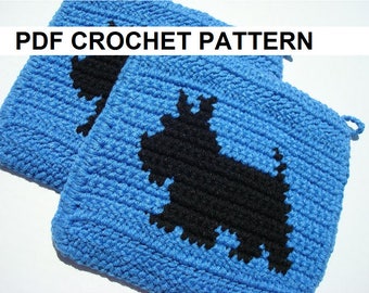 Scotty Dog Potholder PDF Crochet Pattern, Scottish Terrier Pot Holder - Graph and Written Instructions, Single Crochet - Afghans, Scarf, SC