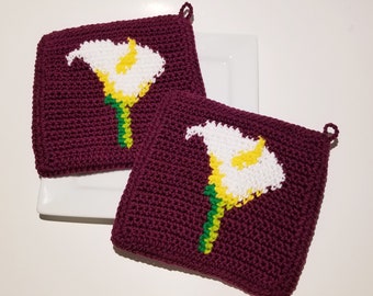 CALLA LILY Potholder Crochet Pattern, Lillies Flowers Mothers Day Potholder Pot Holder Graph and Written Instructions Single Crochet, Scarf