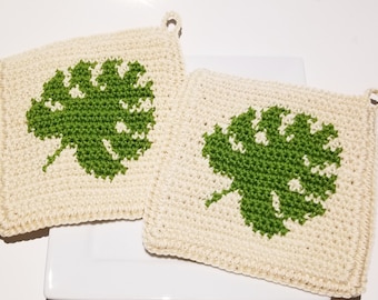 Monstera Blatt Häkelanleitung, Topflappen Topflappen, Graph Gobelin häkeln, Intarsien feste Häkelanleitungen - Monstera Plant Crochet