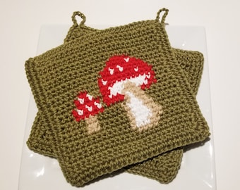 キノコの鍋つかみ PDF かぎ針編みパターン、キノコの鍋つかみ 鍋つかみ、グラフと説明書 シングルかぎ針編みスカーフ C2C Woodsy