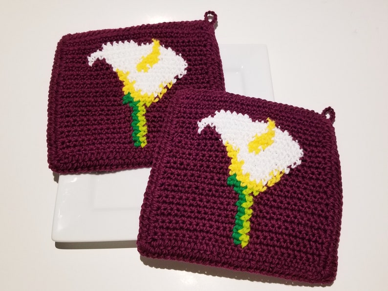 CALLA LILY Potholder Crochet Pattern, Lillies Flowers Mothers Day Potholder Pot Holder Graph and Written Instructions Single Crochet, Scarf image 7