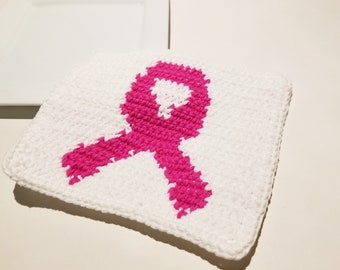 Pink Ribbon Washcloth Crochet Pattern, Single Crochet SC Graph Written Instructions Breast Cancer Awareness October  Wash Cloth Pattern