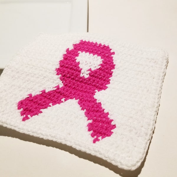 Pink Ribbon Washcloth Crochet Pattern, Single Crochet SC Graph Written Instructions Breast Cancer Awareness October  Wash Cloth Pattern