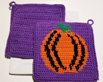 Halloween Pumpkin Potholder PDF Crochet Pattern - Orange, Black, Purple Graph & Written Instructions Single Crochet Pot Holder Hot Pad