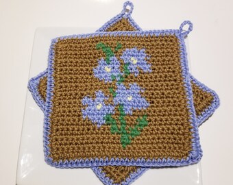 Crochet Pattern  - Forget Me Not Blue Flowers - PDF Potholder Pot Holder, Graph Written Instructions Single Crochet Scarf  Patterns Myosotis