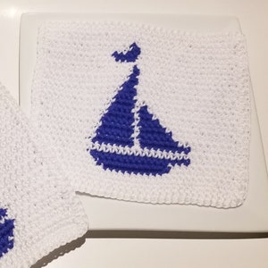 Nautical SAILBOAT Washcloth Crochet Pattern, Single Crochet sc Graph Written Instructions Word Chart pdf Wash Cloth Pattern Sailor Sail Boat