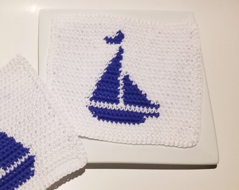 Nautical SAILBOAT Washcloth Crochet Pattern, Single Crochet sc Graph Written Instructions Word Chart pdf Wash Cloth Pattern Sailor Sail Boat