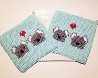 Patrón de crochet de koalas, Koalas enamorados, agarraderas, gráfico SC de crochet único, instrucciones escritas, descarga en PDF, patrón de almohadilla caliente para agarraderas