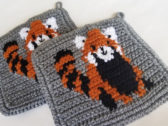 Red Panda Bear Potholder Crochet Pattern Single Crochet Graph Pattern Written Instructions Digital Download PDF Pattern Pot Holder SC Orange