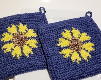 Sunflower Häkelanleitung, Sonnenblumen PDF Topflappen Topflappen, Graph Single häkeln Frühling Garten Topflappen Patterns Wildblumen gehäkelt