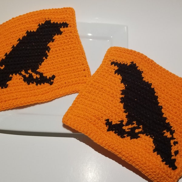 Halloween Raven Washcloth Crochet Pattern Single Crochet SC Graph Written Instructions Word Chart PDF Orange  Black Crow Wash Dish Cloth