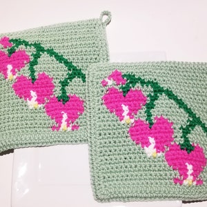 May include: Two green crocheted pot holders with pink flower designs. The flowers are crocheted in a pink and white yarn.