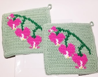 Häkelanleitung - Blutendes Herz Rosa Blumen - PDF Topflappen Topflappen, Diagramm Geschriebene Anleitung Einzelhäkelanleitung Schal Muster Garten