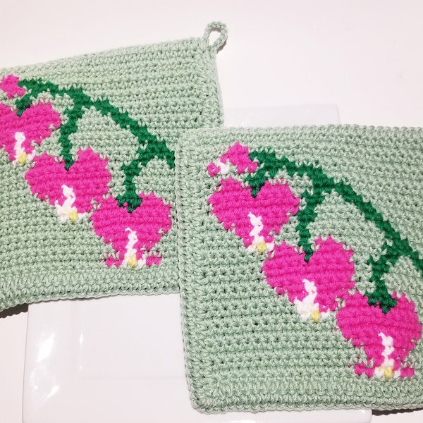 Crochet Pattern  - Bleeding Heart Pink Flowers - PDF Potholder Pot Holder, Graph Written Instructions Single Crochet Scarf  Patterns Garden