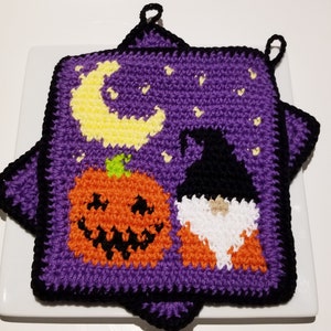 Patrón de crochet HALLOWEEN GNOME, tutorial de decoración de Halloween, crochet intarsia, crochet tapiz, gráfico de agarradera e instrucciones escritas SC