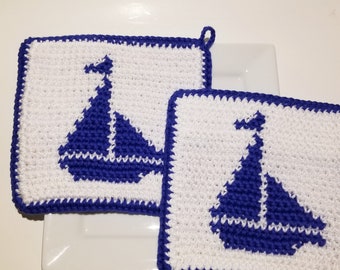 Segelboot häkeln Muster, Nautische Topflappen Einzelhäkeln Graph Geschriebene Anleitung Tabelle PDF Download Topflappen Hot Pad Muster Boot